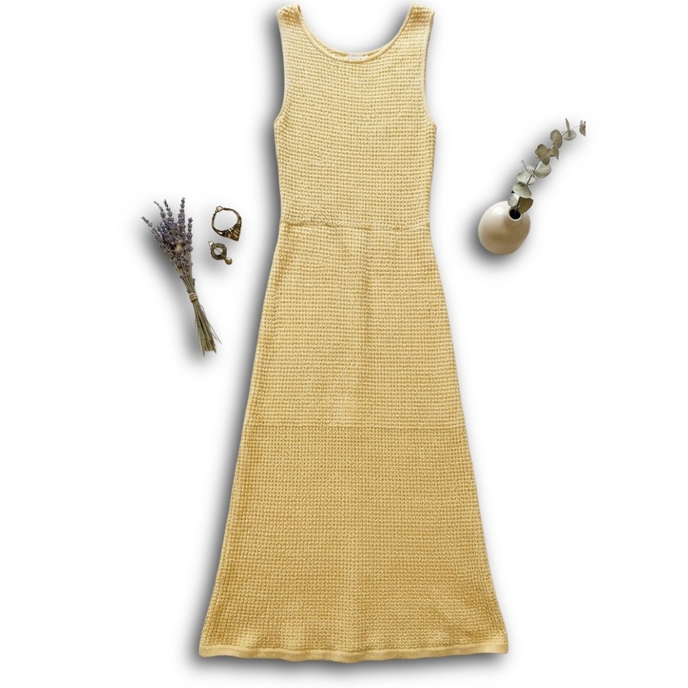 Waffle Knit Maxi Dress Yellow Sleeveless Cutout Back Twist Detail Boho XS